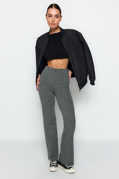 Trendyol Collection Gray Self-patterned High Waist Flare/Spanish Leg Knitted Trousers TWOAW24PL00178