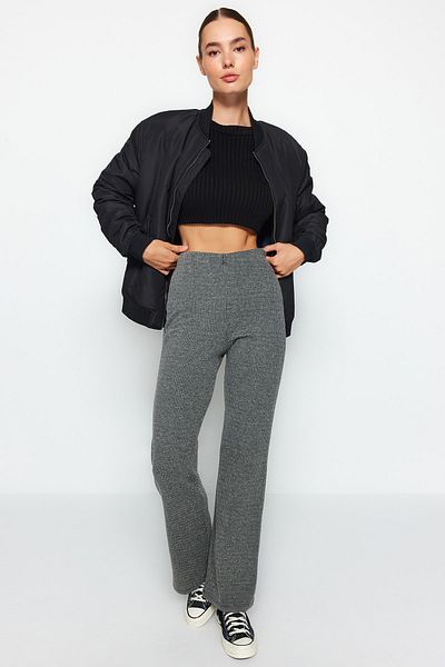 Trendyol Collection Gray Self-patterned High Waist Flare/Spanish Leg Knitted Trousers TWOAW24PL00178