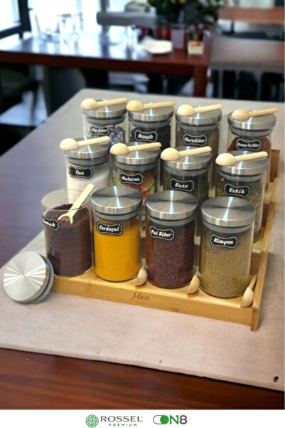 Rossel Premium 12'li Bambu Standlı Metal Kapaklı Baharatlık Kavanoz 350ml Eti...