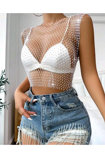 ZEKAS FASHION Crystal Stone Detailed Crop Pareo