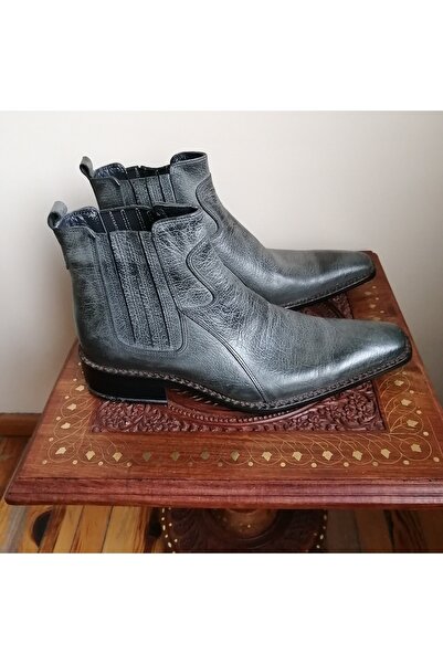 Butik Tülin Unisex hakiki dana derisi yakma pütürlü gri antik yumuşak gizli lastikli hakiki kösele tabanlı bot