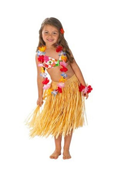 MY Kostüm Hawaii Etek Kız Çocuk Kostümü Kolye Taç Bileklik Seti 6 Parça Set