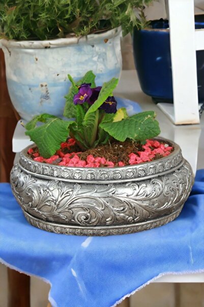 Kaktüs Saksı Dünyası El Yapımı Saksı Gümüş Eskitme Premium Kalite Dekoratif S...