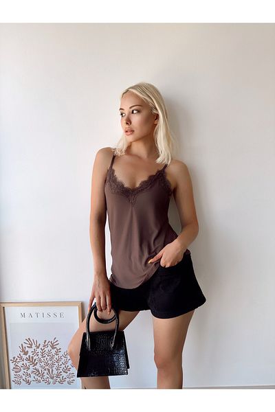 schlank Γυναικεία Μπλούζα με Δαντελένια Σχοινί Σκούρο Καφέ