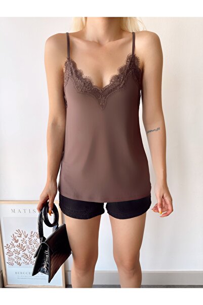 schlank Γυναικεία Μπλούζα με Δαντελένια Σχοινί Σκούρο Καφέ