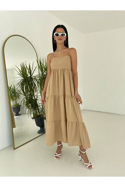 Elif Özbey Butik Многопластова ленена рокля с камилски презрамки