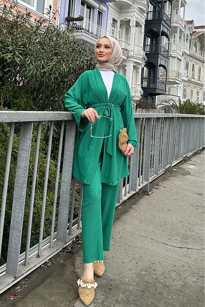 RamosWB Set kimono din țesătură șifonată pentru femei, cu pantaloni cu curea și jachetă