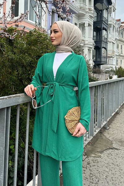RamosWB Set kimono din țesătură șifonată pentru femei, cu pantaloni cu curea și jachetă