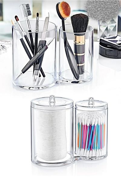 AHİR TİCARET Twin Boxes Cotton Holder Makeup Organizer Ak - 730