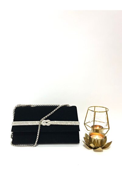 Piedra Black Suede Evening Bag with Rhinestones and Magnetic Cover - with Hand and Shoulder Strap