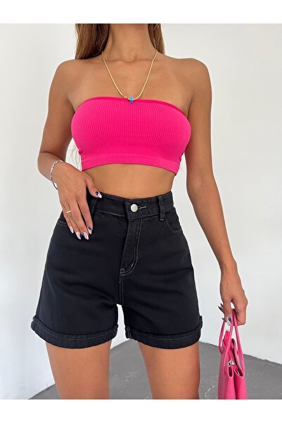 LB Laluna Butik Women's High Waist Detailed Denim Shorts Denim Fabric