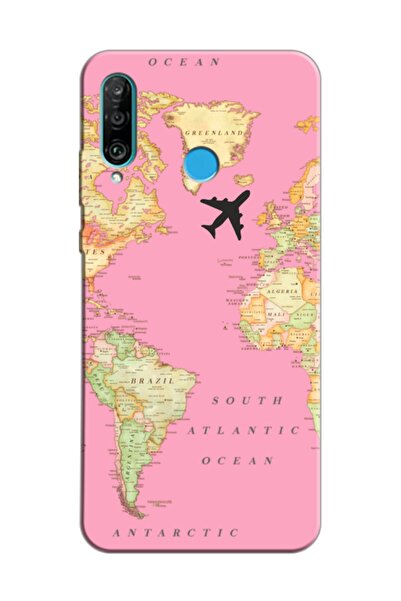 frondcase Huawei P30 Lite Dünya Haritalı Pembe Telefon Kılıfı