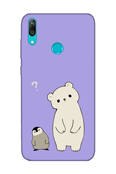 frondcase Huawei Y7 2019 Penguen Ve Ayıcık Lila Telefon Kılıfı