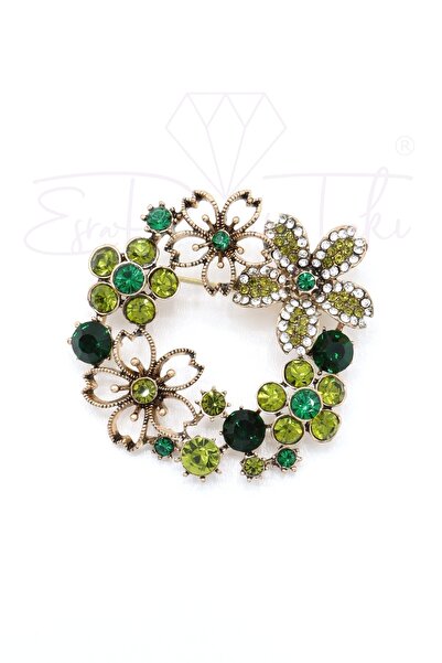 Esra Pamir Yeşil Zirkon Taş Çiçekli Çelenk Broş