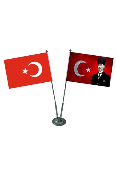 Jethızında Atatürk Portreli 2'li Masa Bayrağı Takımı