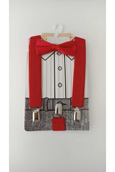 sun desing Kırmızı Papyon Askı Takımı Pantolon Askısı Çocuk Papyon Çocuk Pant...