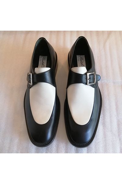 Butik Tülin Men's leather black and white side belt buckle neolite sole heavy wood heel loafer shoes