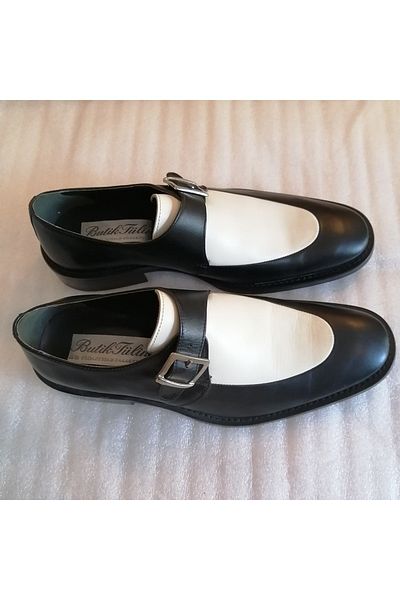 Butik Tülin Men's leather black and white side belt buckle neolite sole heavy wood heel loafer shoes