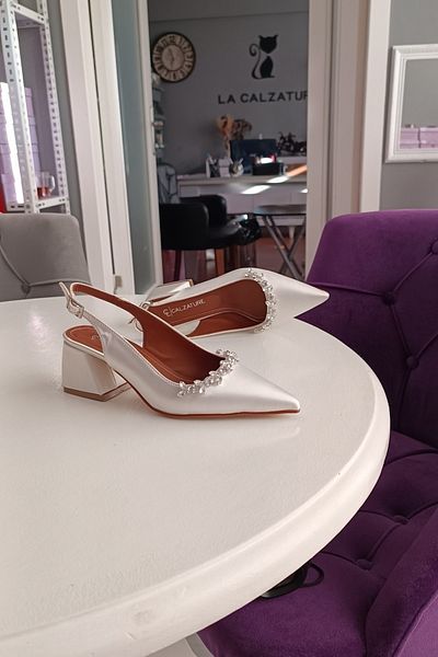 LA CALZATURE Pearl Satin 6cm Thick Heeled Accessory Stone Detailed Evening Dress Women's Heeled Shoes