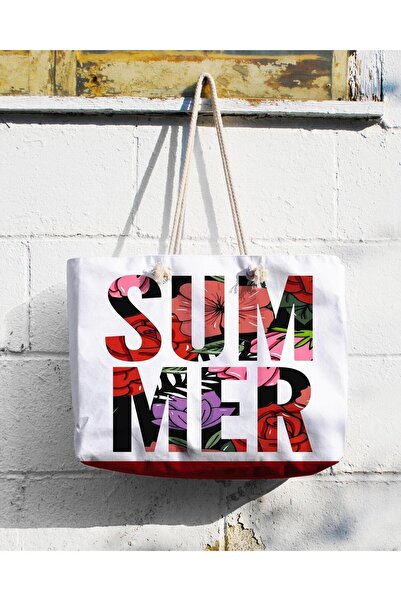 YUKES Kadın Plaj Çantası Özel Baskılı Fermuarlı Astarlı Omuz Çantası Shopper ...