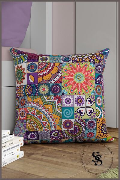 Saso Patchwork Mandala Desenli Dijital Baskılı Kırlent Kılıfı