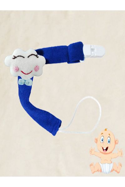 CEBECİ TİCARET Pacifier Strap Chain Set Pacifier Holder Baby Gift Natural Fabric 25 Cm Blue White Cloud Model