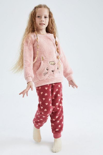 DeFacto Girl's Patterned Plush Long Sleeve Pajama Set