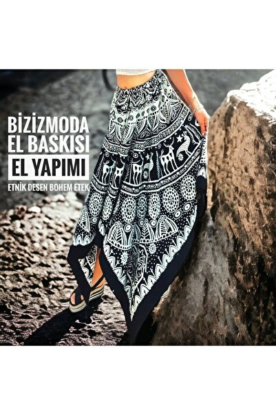 bizizmoda Bohemian Skirt Ethnic Patterned Black Asymmetric Cut Midi Skirt