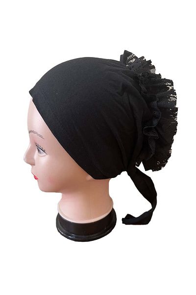 Cosie Frilly Stitched Bun Bonnet, Scarf Shawl Bonnet Black