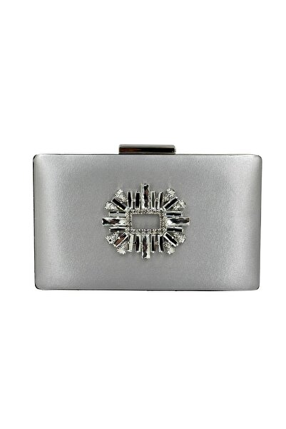 Biçanta Geantă elegantă gri argintiu din material satin cu carcasă argintie ș...