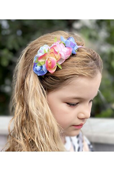 QUEEN AKSESUAR Trend moda lüks yapay çiçekli güllü renkli metal saten taç pem...