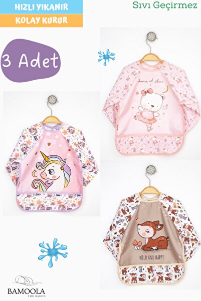 Bamoola 3 قطع يونيكورن مقاومة للسوائل - تيدي بير - مريلة طعام أطفال بأكمام طو...