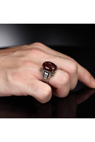 RevSilver 925 Ayar Gümüş Erkek Yüzük Yeni Tasarım Zincir Kırmızı Akik Taşı Oval