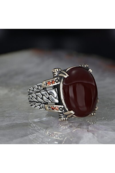 RevSilver 925 Ayar Gümüş Erkek Yüzük Yeni Tasarım Zincir Kırmızı Akik Taşı Oval