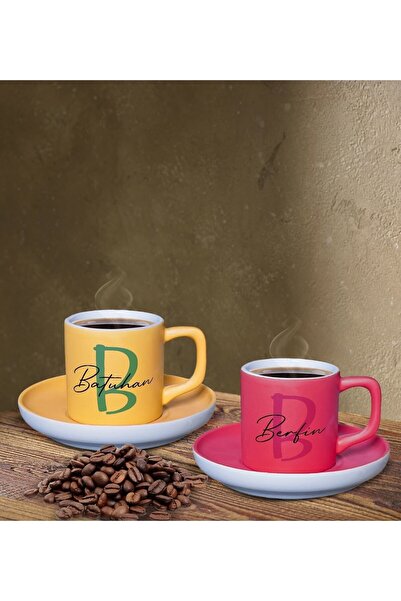 Bk Gift Kişiye Özel İsimli Sarı ve Fuşya Renk İkili Türk Kahvesi Fincan Seti-...