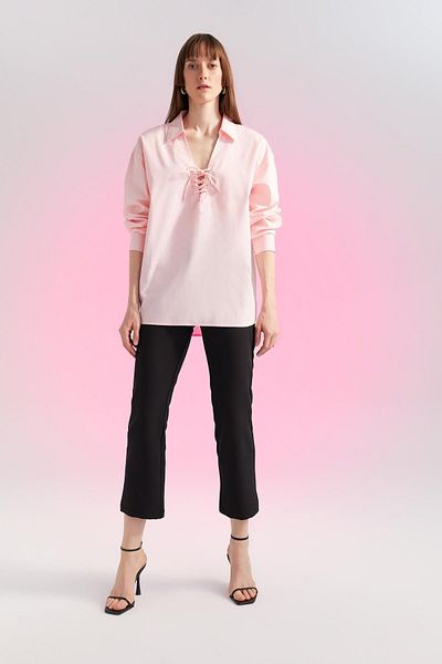 DeFacto Oversize Fit γιακά με δαντέλα Λεπτομερές μακρυμάνικο πουκάμισο 100% βαμβακερή μπλούζα A3614ax23sm
