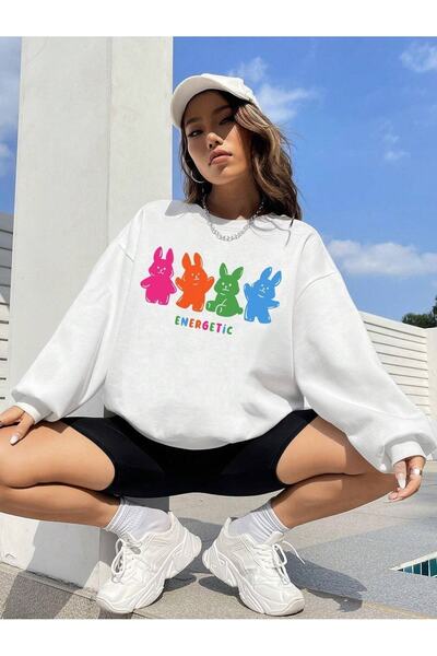 mercoledi 4-панельний кролик ENERGETIC з принтом, велосипедна комір, унісекс, білий, оверсайз-светр