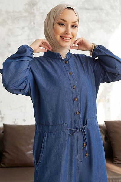 InStyle Salopeta din denim Sahra cu cravata in talie - Albastru