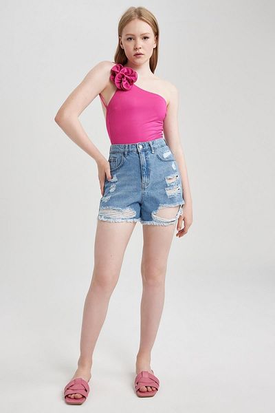 DeFacto Mom Fit Normal Waist Cutout Tipped Leg Jean 100% Cotton Shorts A2626ax23sm