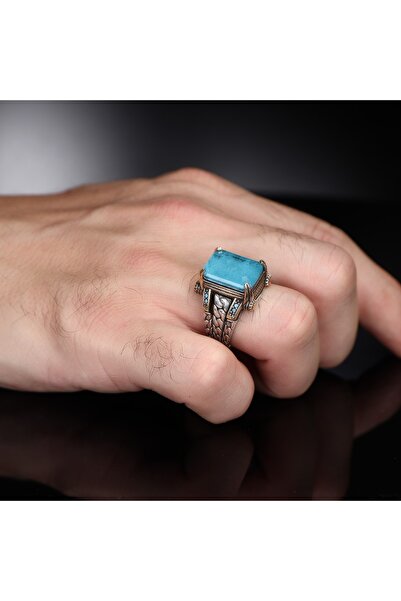 RevSilver Kalın Zincir 925 Ayar Gümüş Erkek Yüzük Topaz Taşı Kartal Tırnağı D...