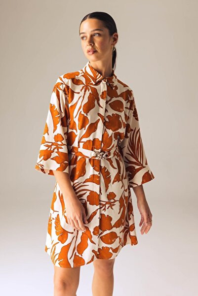 DeFacto Shirt Collar Linen Blended Half Sleeve Mini Patterned Dress A3336ax23hs