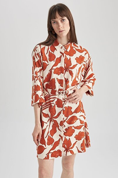DeFacto Shirt Collar Linen Blended Half Sleeve Mini Patterned Dress A3336ax23hs
