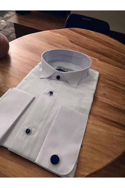 Moda Rabin Λευκό πουκάμισο με λαιμόκοψη Navy Blue Button Slim Fit