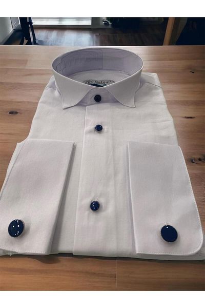 Moda Rabin Λευκό πουκάμισο με λαιμόκοψη Navy Blue Button Slim Fit