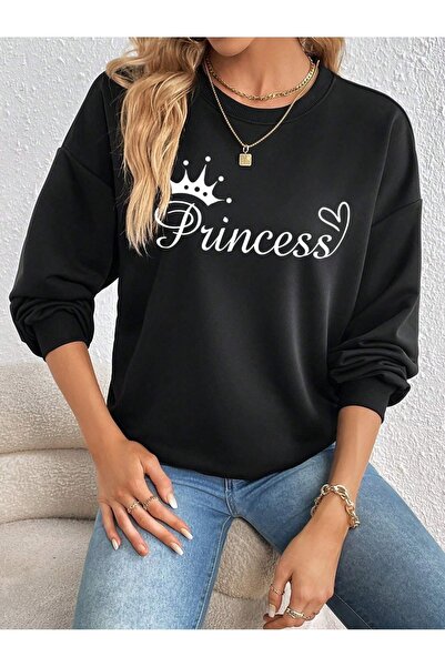 mercoledi Princeza Tekst Štampano okrugla kragna Unisex Crna Oversize kroj Du...