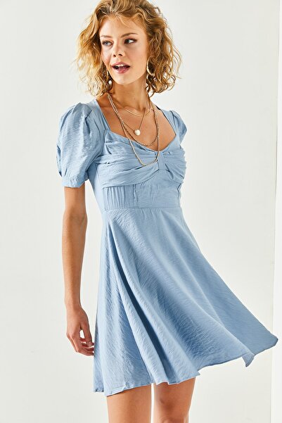 Olalook Damska niebieska szlafrokowa, szczegółowa, rozkloszowana sukienka tkana ELB-19001948