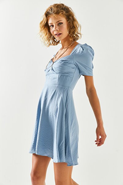 Olalook Damska niebieska szlafrokowa, szczegółowa, rozkloszowana sukienka tkana ELB-19001948