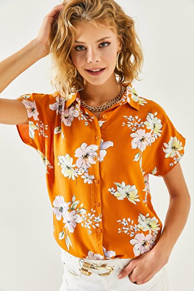 Olalook Női mustár rózsaszín mintás szőtt denevér ing GML-19001012