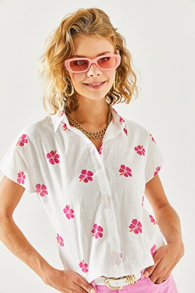 Olalook Γυναικείο λινό μπλουζάκι με μοτίβο φούξια μαργαρίτα GML-19001129