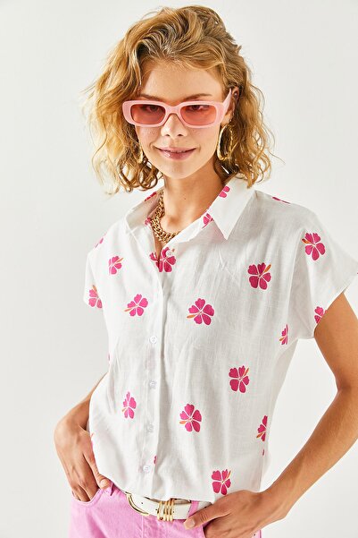 Olalook Γυναικείο λινό μπλουζάκι με μοτίβο φούξια μαργαρίτα GML-19001129